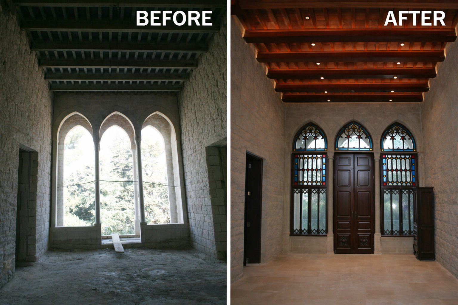Heritage restoration — stained glass and timber ceiling before and after
